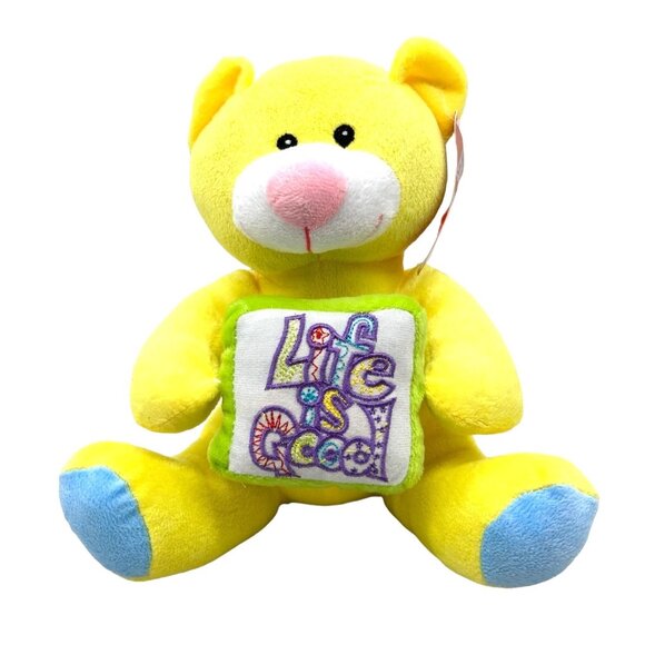 Sugar Loaf Toys 10" Yellow Bear Pink Nose Blue Feet Embroidered Life Is Good - Picture 1 of 9